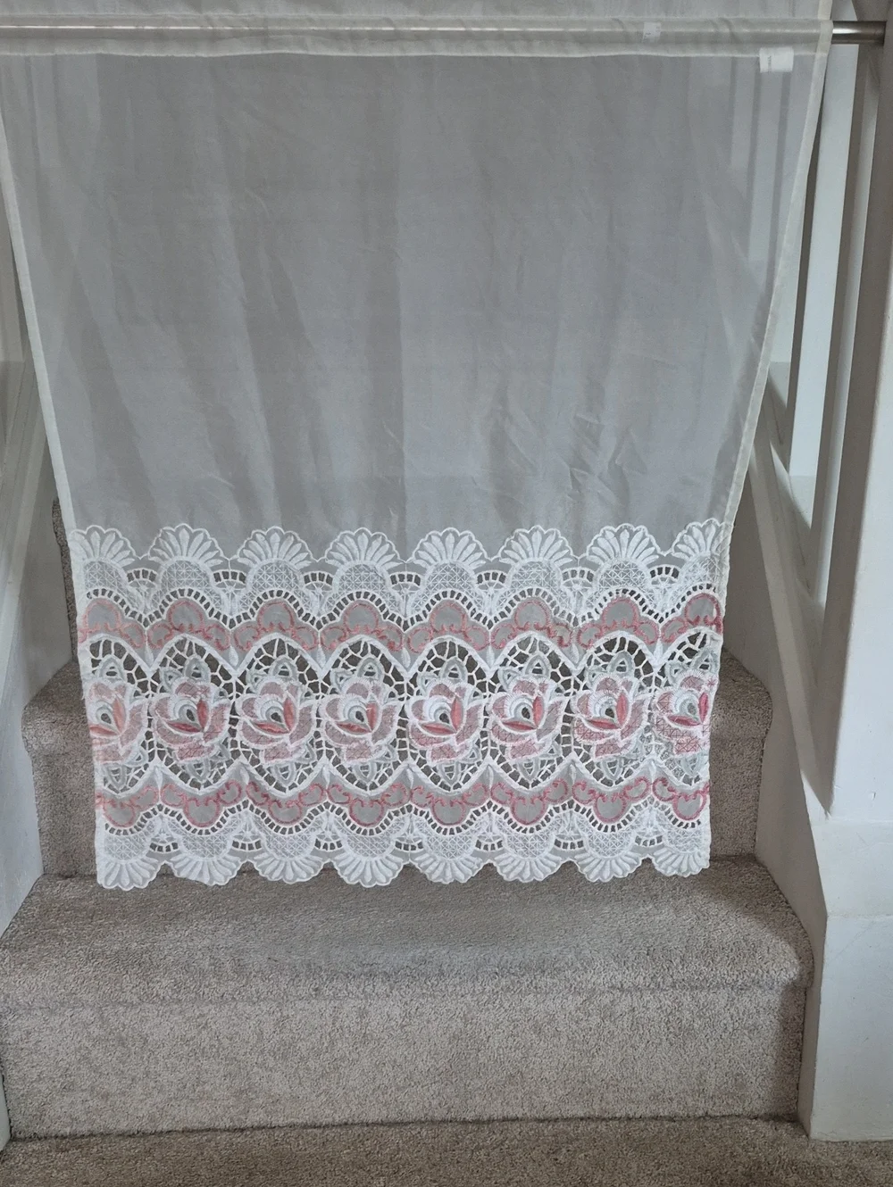 Sheer White Curtain Panel with Pink Rose Lace Border 30x35